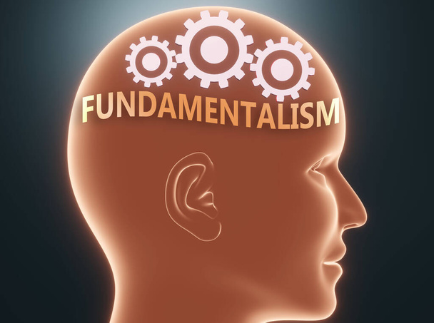 Fundamentalismi ihmismielen sisällä - kuvattu sanana Fundamentalismi pään sisällä hammasrattailla symboloimaan sitä, että ihmiset voivat ajatella Fundamentalismia, 3d-kuva - Valokuva, kuva