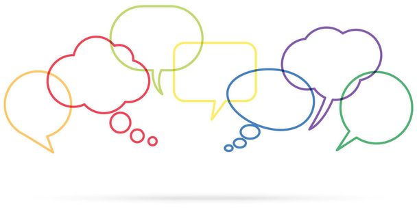 ilustração de bolhas de fala coloridas delineadas em uma fileira com espaço para texto simbolizando processo de comunicação com fundo branco - Vetor, Imagem