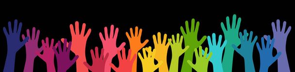 illustratie van veel gekleurde mensen strekken hun handen omhoog symboliseren samenwerking of diversiteit vriendschap - Vector, afbeelding