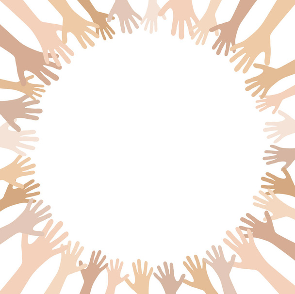 Illustration vectorielle EPS de nombreuses personnes de différentes couleurs de peau étirent leurs mains vers le haut dans un cercle symbolisant la coopération ou l'amitié de diversité - Vecteur, image