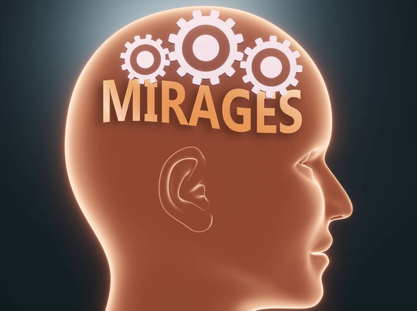 Mirages sisällä ihmisen mielessä - kuvassa sana Mirages sisällä pään hammasrattaat symboloida, että Mirages on mitä ihmiset voivat ajatella ja että se vaikuttaa heidän käyttäytymistään, 3d kuva - Valokuva, kuva