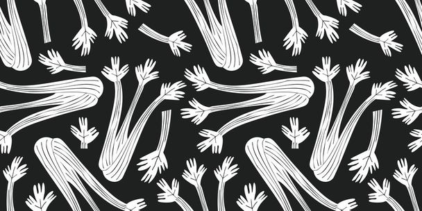 Hand drawn vector celery seamless pattern. Organic cartoon fresh vegetable illustration. Cute vegetable botanical background. - Vetor, Imagem