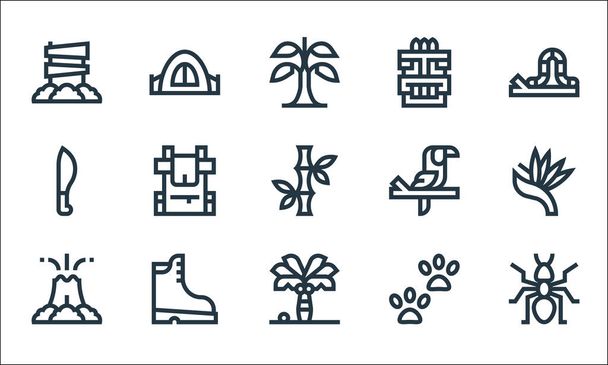 jungle line icons. linear set. quality vector line set such as ant, palm tree, volcano, footprint, boots, machete, toucan, tiki, camping tent - Vector, Image