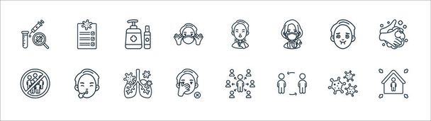 coronavirus covid line icons. linear set. quality vector line set such as quarantine, do not touch, avoid crowds, vomit, sore throat, - Vector, Image