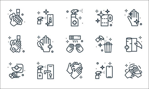 hygiene line icons. linear set. quality vector line set such as hand wash, wipe, pharmacy, smartphone, door lock, hand wash, trash, toilet paper, plug - Vector, Image