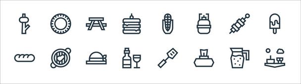 picnic line icons. linear set. quality vector line set such as picnic, wipes, wine bottle, bread, skewer, picnic table, corn, plate - Vector, Image