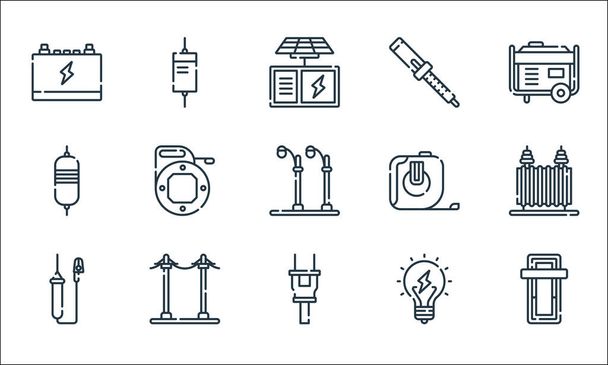 electrician tools and line icons. linear set. quality vector line set such as power, plug, tester, light bulb, electric pole, resistor, measure tape, soldering iron, diode - Vector, Image