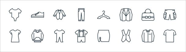 línea de vestuario iconos. Conjunto lineal. conjunto de línea vectorial de calidad, como camiseta, chaleco, uniforme, camiseta, bolso, esmoquin, percha, zapato - Vector, imagen
