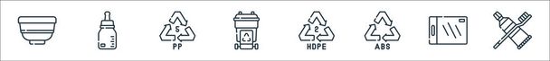 plastic products line icons. linear set. quality vector line set such as toothbrush, cutting board, recycle, recycle, recycling bin, recycle, baby bottle - Vector, Image