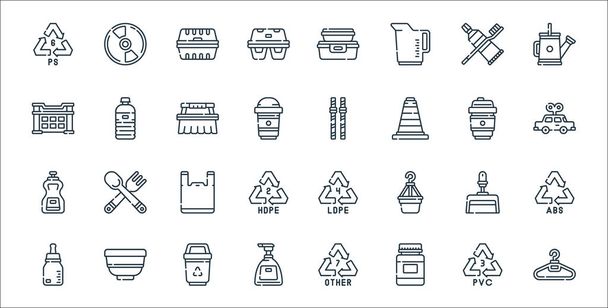 plastic products line icons. linear set. quality vector line set such as clothes hanger, vials, soap bottle, baby bottle, dust pan, plastic bag, car toy, straw, water bottle - Vector, Image