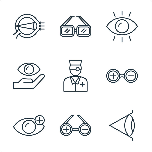 Iconos de línea de oftalmología. Conjunto lineal. conjunto de línea de vectores de calidad como ojo, gafas de prueba, hipermetropía, gafas de prueba, oftalmólogo, seguro ocular, ojo, - Vector, Imagen