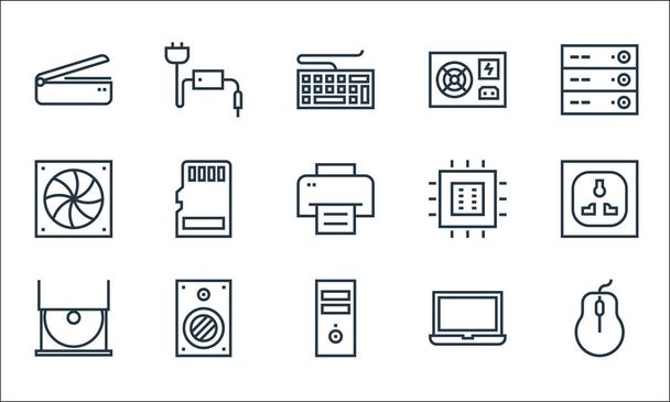 hardware line icons. linear set. quality vector line set such as mouse, pc tower, cd player, laptop, speaker, cooler, processor, power supply, power cable - Vector, Image