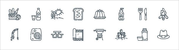 icone delle linee da picnic. set lineare. set di linee vettoriali di qualità come cappello, fiori, moquette, bobina di pescatore, coltello, tempo, budino, soda - Vettoriali, immagini