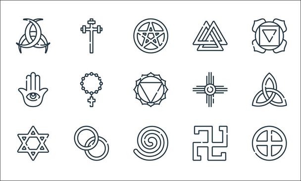 spirituális szimbólumok vonal ikonok. lineáris beállítás. minőségi vektor sor, mint a spiritualitás, natív, judaizmus, spirituális, hamsa, natív amerikai, valknut, aaronic - Vektor, kép