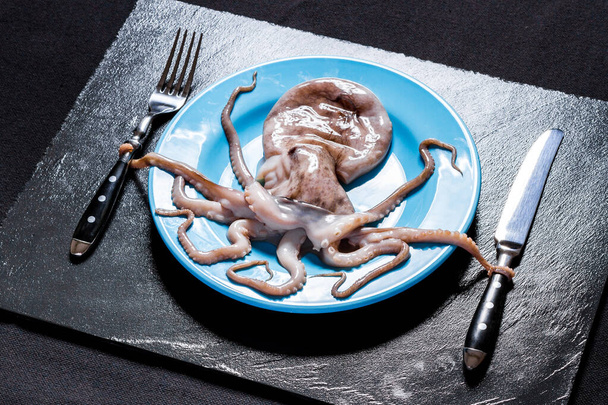 Χταπόδι σε μπλε πιάτο κρατά μαχαιροπήρουνα, σε μαύρο σχιστόλιθο - Φωτογραφία, εικόνα