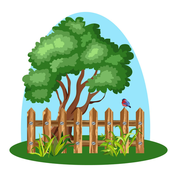 paesaggio, albero dietro la recinzione, erba, illustrazione vettoriale, isolare su uno sfondo bianco - Vettoriali, immagini