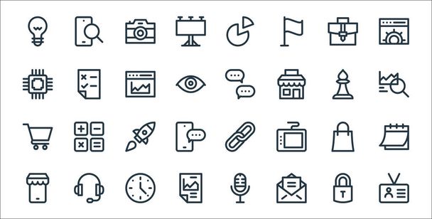 digital marketing line icons. linear set. quality vector line set such as id card, email, statistics, mobile store, shopping bag, rocket, statistics, conversation, test - Vector, Image