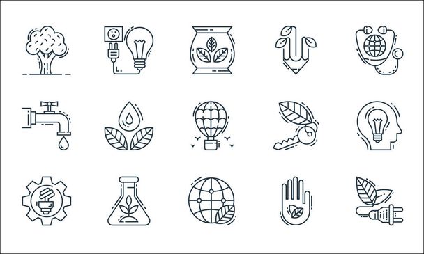 environment and eco line icons. linear set. quality vector line set such as energy, ecology, power, eco friendly, herbalism, water tap, door key, ecology, charging - Vector, Image