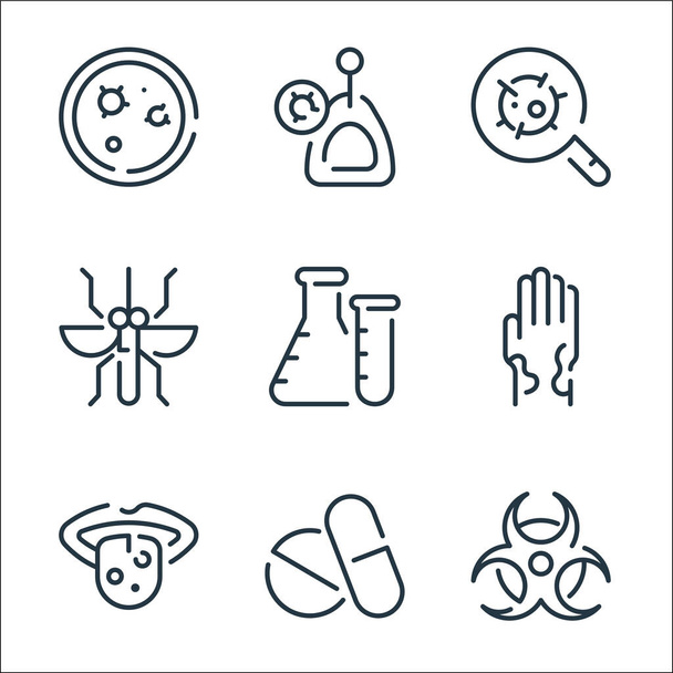 Symbole für Virenübertragungsleitungen. Lineares Set. Qualitätsvektorleitungsset wie Biohazard, Pillen, Zunge raus, Hand, Kolben, Mücke, Lupe, Handlauf - Vektor, Bild