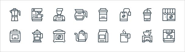 ikony fronty na kávu. lineární sada. kvalitní vektorová řada jako kávovar, horká káva, varná konvice, fazole, pohár, barista, pohár, stroj - Vektor, obrázek