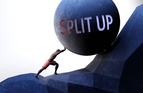 Split up as a problem that makes life harder - symbolized by a person pushing weight with word Split up to show that Split up can be a burden that is hard to carry, 3d illustration - Photo, Image