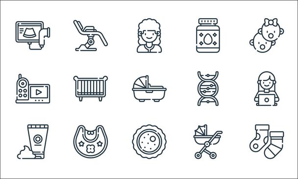 maternity line icons. linear set. quality vector line set such as socks, ovum, sun cream, baby stroller, bib, baby monitor, dna, baby powder, gynecology - Vector, Image