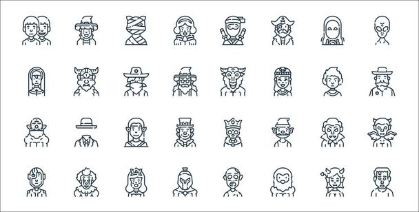 fantastyczne postacie linii ikon. zestaw liniowy. wysokiej jakości zestaw linii wektorowych, takich jak zombie, Wielka Stopa, Spartanin, cyborg, wampir, elf, szeryf, minotaur, cyklop - Wektor, obraz