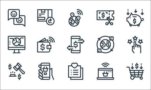 ecommerce line icons. linear set. quality vector line set such as shopping cart, wish list, auction, online shopping, mobile shopping, data analysis, worldwide shipping, voucher, return box - Vector, Image