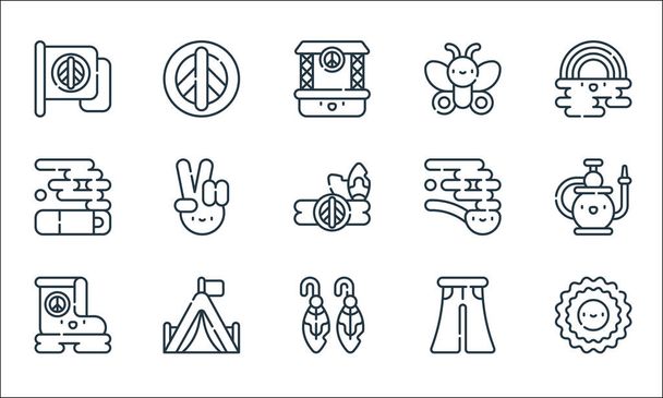 hippies line icons. linear set. quality vector line set such as sun, earrings, boot, jeans, camping tent, cigarette, pipe, butterfly, peace - Vector, Image