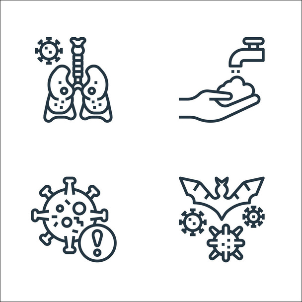 coronavirus line icons. linear set. quality vector line set such as virus transmission, warning, washing hands - Vector, Image