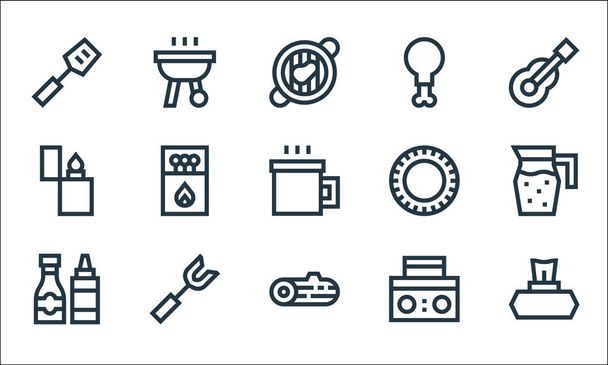 picnic line icons. linear set. quality vector line set such as wipes, wood, condiments, boombox, fork, lighter, plate, chicken leg, grill - Vector, Image