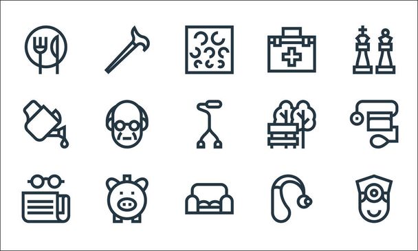 retirement home line icons. linear set. quality vector line set such as doctor, sofa, newspaper, hearing aid, piggy bank, watering can, bench, first aid kit, cane - Vector, Image