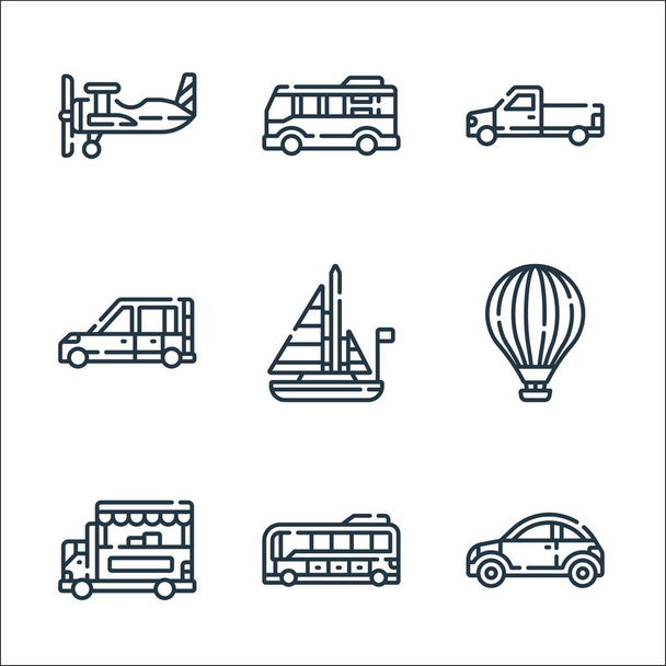 vehicles transports line icons. linear set. quality vector line set such as car, electric bus, food truck, hot air balloon, sailboat, car, pick up truck, minibus - Vector, Image