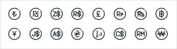 icônes de ligne de devise. set linéaire. ensemble de lignes vectorielles de qualité telles que won, dollar, hryvnia, yen japonais, roupie, dollar, livre, shekel - Vecteur, image