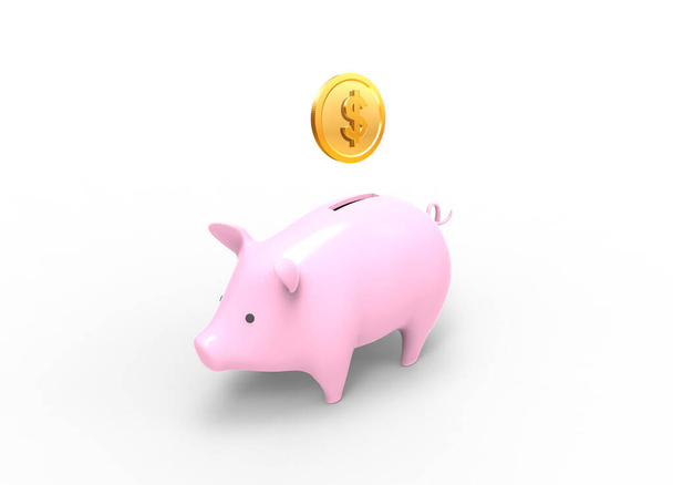 Εικόνα 3D Render της Piggy bank savings concept με χρυσό νόμισμα δολαρίων ΗΠΑ - Φωτογραφία, εικόνα