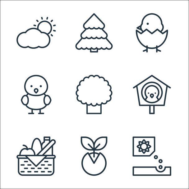 flat spring line icons. linear set. quality vector line set such as planting, sprout, food basket, bird house, tree, chick, chick, tree - Vector, Image