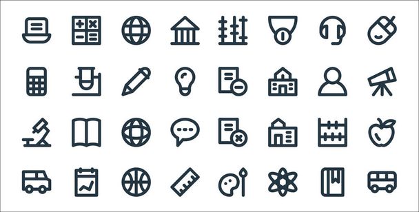 education material line icons. linear set. quality vector line set such as school bus, atom, ruler, school bus, abacus, globe, telescope, remove file, test tube - Vector, Image