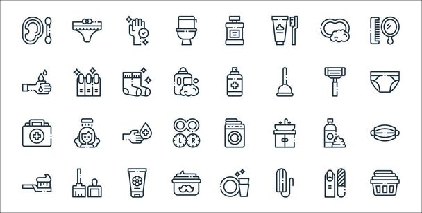 hygiene routine line icons. linear set. quality vector line set such as towel, tampon, moustache cream, toothbrush, foam, hand sanitizer, underwear, spray, manicure - Vector, Image