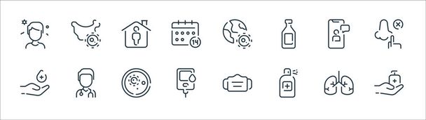 coronavirus line icons. linear set. quality vector line set such as antiseptic, bottle, drop counter, hand, smartphone, house, earth, map - Vector, Image