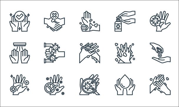 Handwaschlinien-Symbole. Lineares Set. Qualitätsvektorleitungsset wie Handfläche, Coronavirus, Hand, Hände waschen, Dont Touch, Trockner, Handwäsche, Desinfektionsmittel, Händedruck - Vektor, Bild