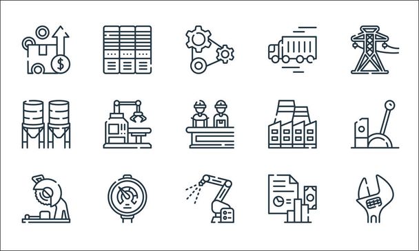 industrial process line icons. linear set. quality vector line set such as wrench, robotic arm, saw machine, report, gauge, water tank, factory, delivery truck, servers - Vector, Image