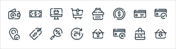 Shopping-Line-Symbole. Lineares Set. Qualitätsvektorzeilensatz wie Hinzufügen, Löschen, Whisky, in der Nähe, Cit-Karte, Monitor, Warenkorb, Banknote - Vektor, Bild
