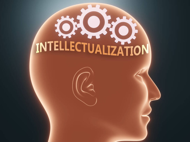 Intelectualización dentro de la mente humana - representado como la palabra Intelectualización dentro de una cabeza con ruedas dentadas para simbolizar que la intelectualización es lo que la gente puede pensar, ilustración 3d - Foto, imagen