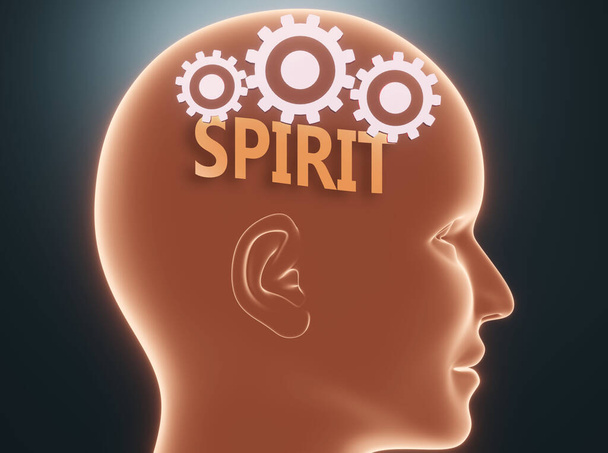 Дух внутри человеческого разума - представленный как слово Дух внутри головы с шестернями, символизирующими, что Дух - это то, о чем люди могут думать и что это влияет на их поведение, 3d иллюстрация - Фото, изображение