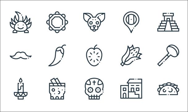 icônes de ligne mexicaine. set linéaire. set de ligne vectorielle de qualité tels que tacos, mexicain, bougie, traditionnel, tepache, moustache, maïs, mexicain, jarocho - Vecteur, image