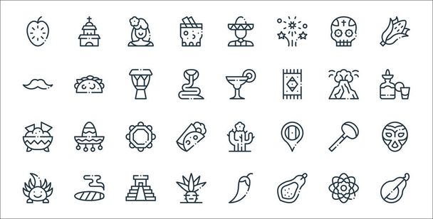 mexico line icons. linear set. quality vector line set such as avocado, papaya, agave, ajolote, coa de jima, jarocho, tequila, margarita, tacos - Vector, Image
