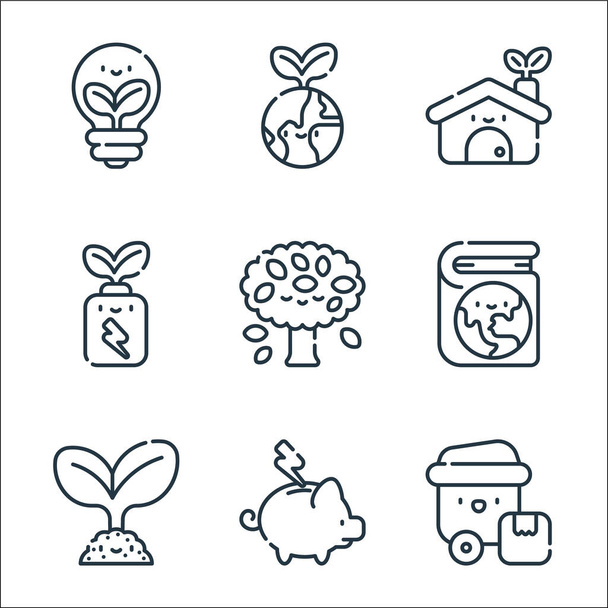 mother earth day line icons. linear set. quality vector line set such as plastic, save energy, plant, ecology book, tree, eco battery, eco home, planet - Vector, Image