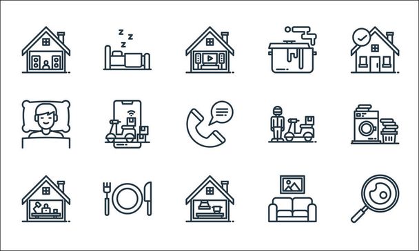 stay at home line icons. linear set. quality vector line set such as cooking, cooking, working at home, relax, eating, sleeping, delivery, cooking, sleeping - Vector, Image