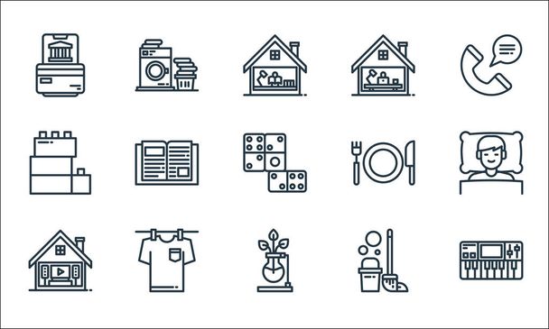 stay at home line icons. linear set. quality vector line set such as synthesizer, plant, home theater, cleaning, laundry, block, eating, working at home, washing machine - Vector, Image