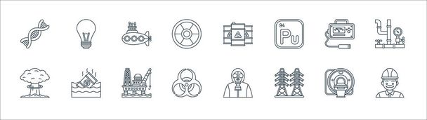 Symbole der Atomenergie. Lineares Set. Qualitätsvektorleitungssatz wie Ingenieur, Elektrizität, Strahlung, Atombombe, Geigerzähler, U-Boot, Öltanker, Glühbirne - Vektor, Bild